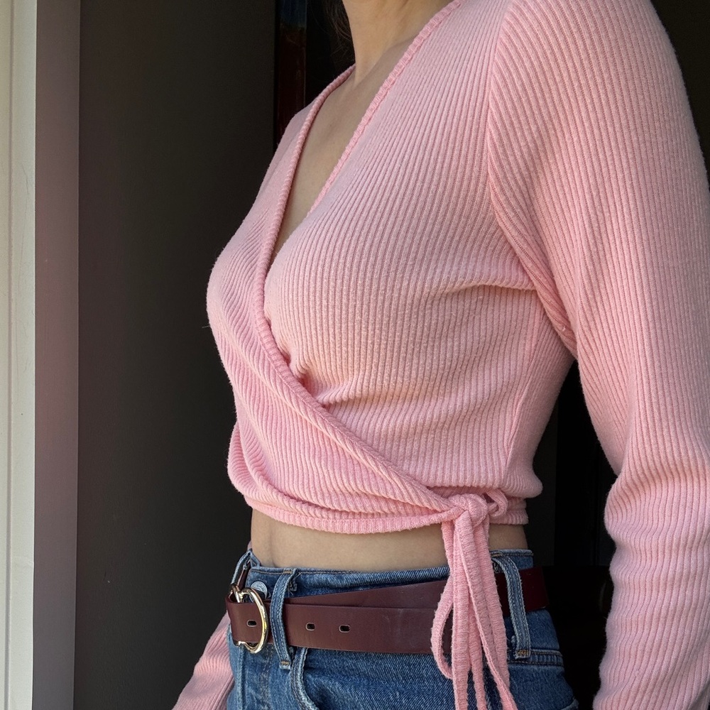 Pink Ribbed Ballerina Wrap Top - Balletcore - Soft Girl Style